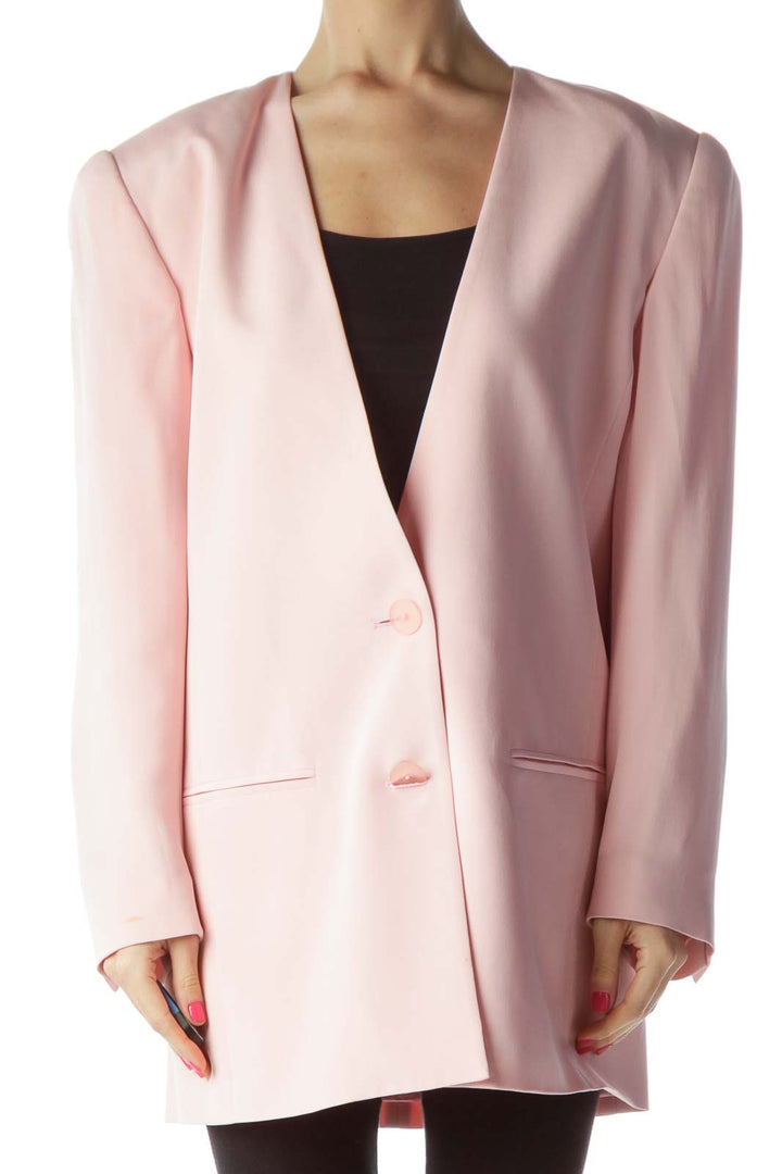 Pink Padded Shoulder Silk Blazer