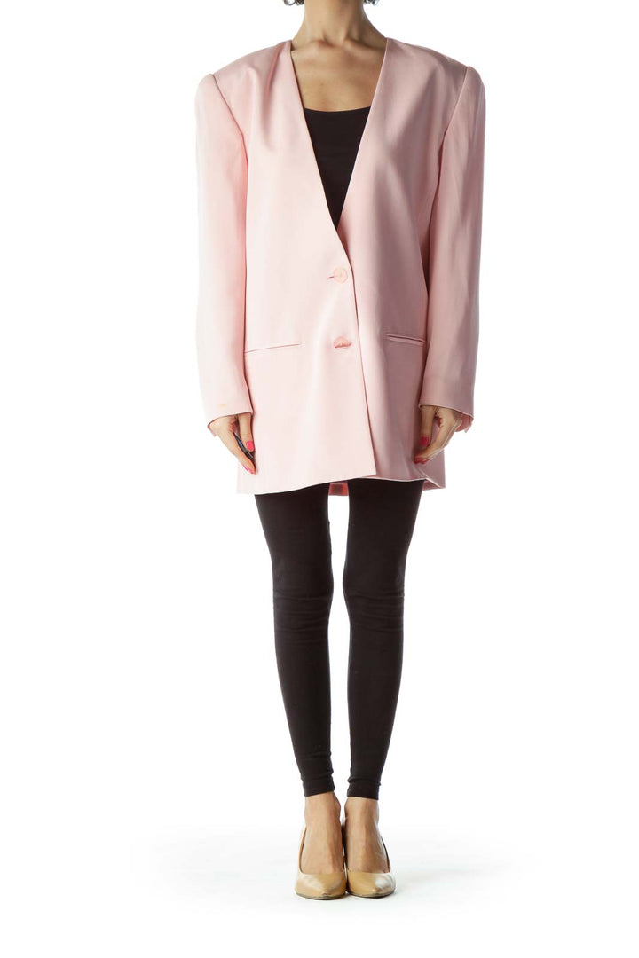 Pink Padded Shoulder Silk Blazer