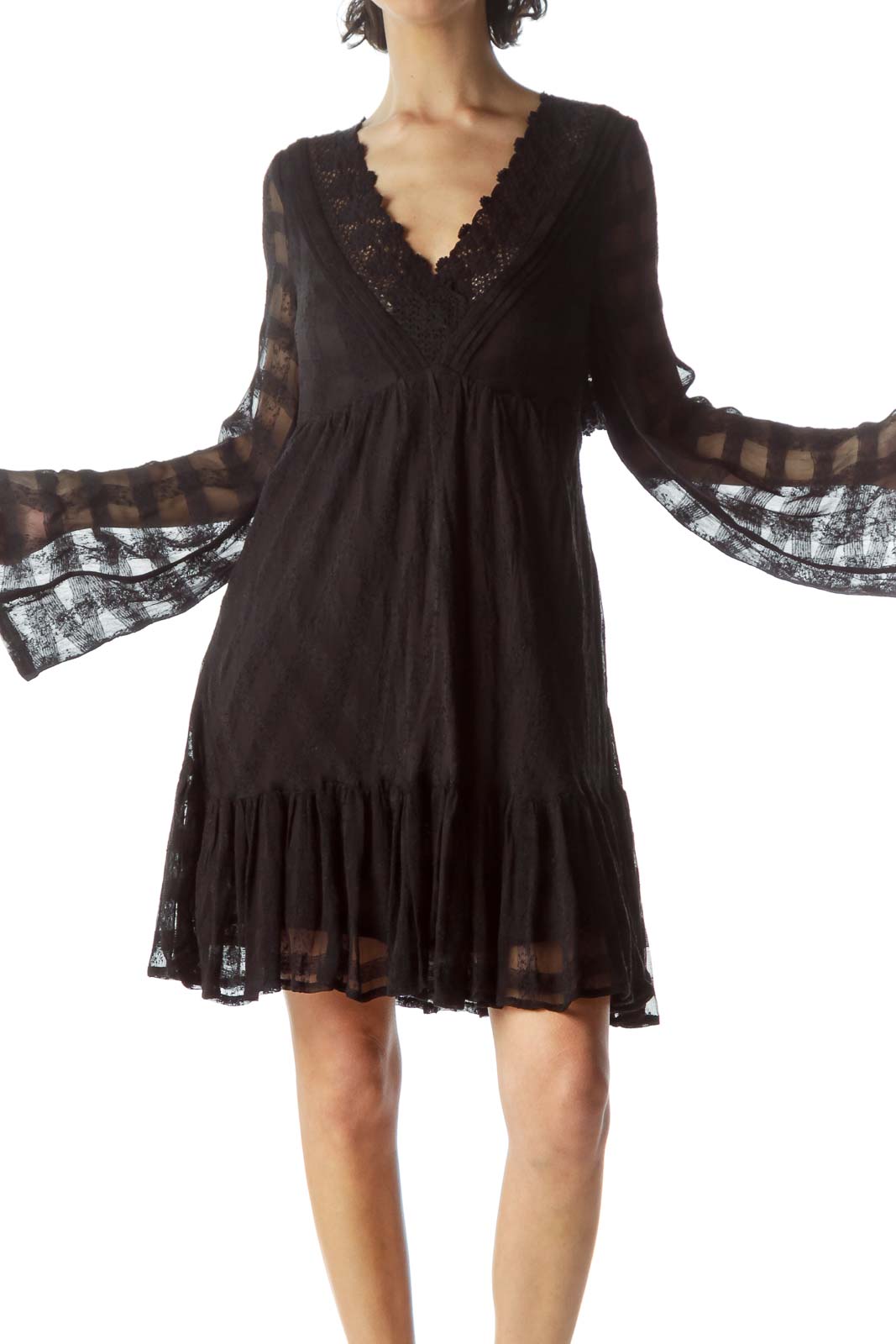 Front view of Free People black lace mini dress with bell sleeves