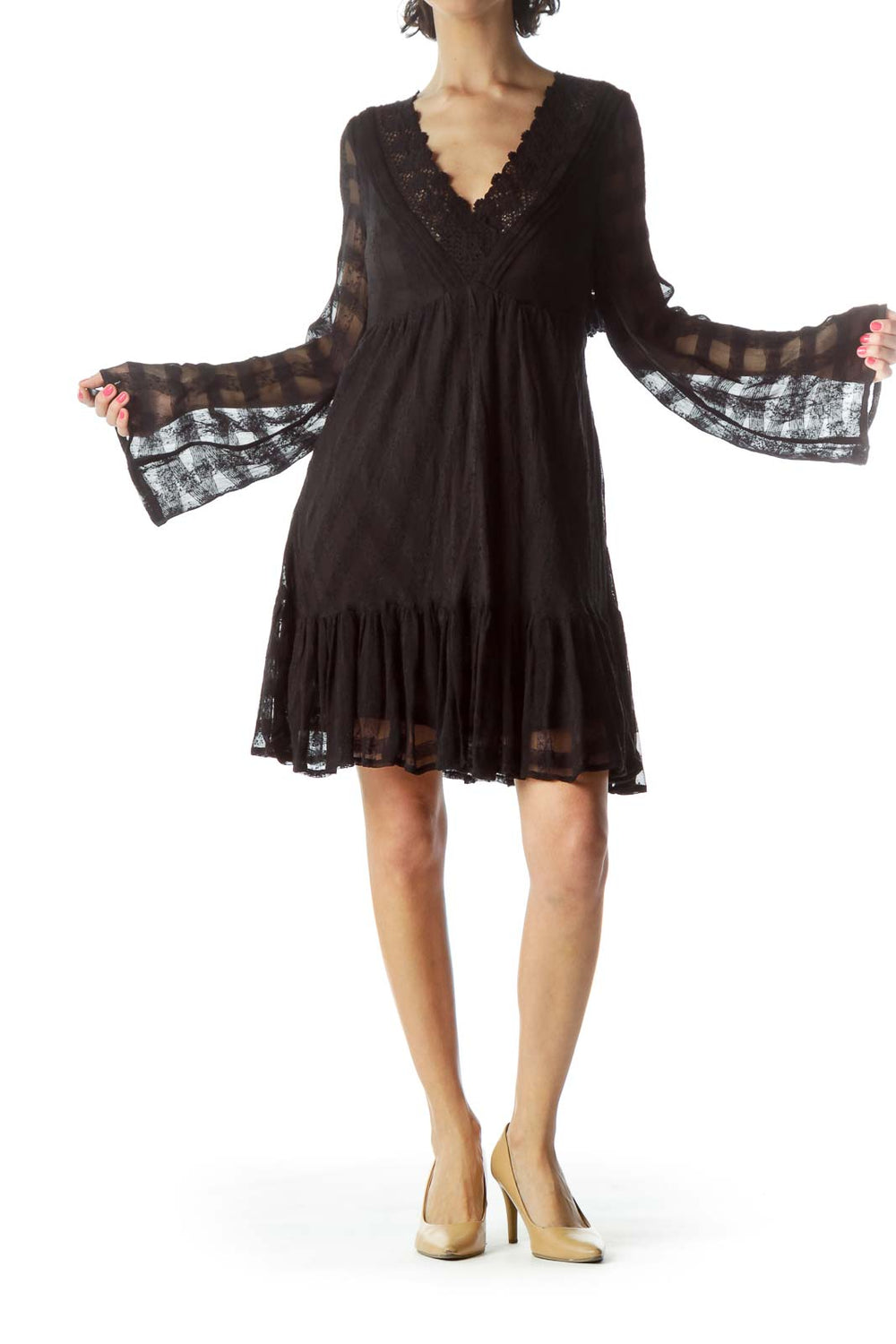 Front view of Free People black lace mini dress with bell sleeves