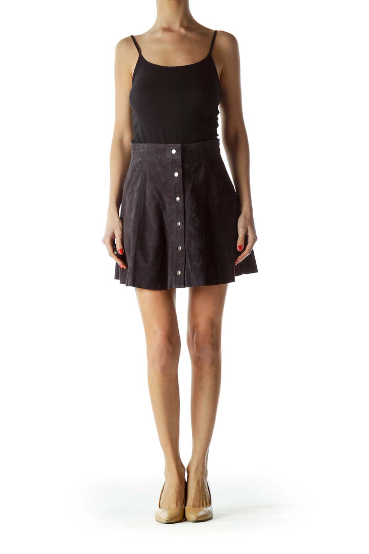 Dark Gray Front Snap Buttons Leather Skirt