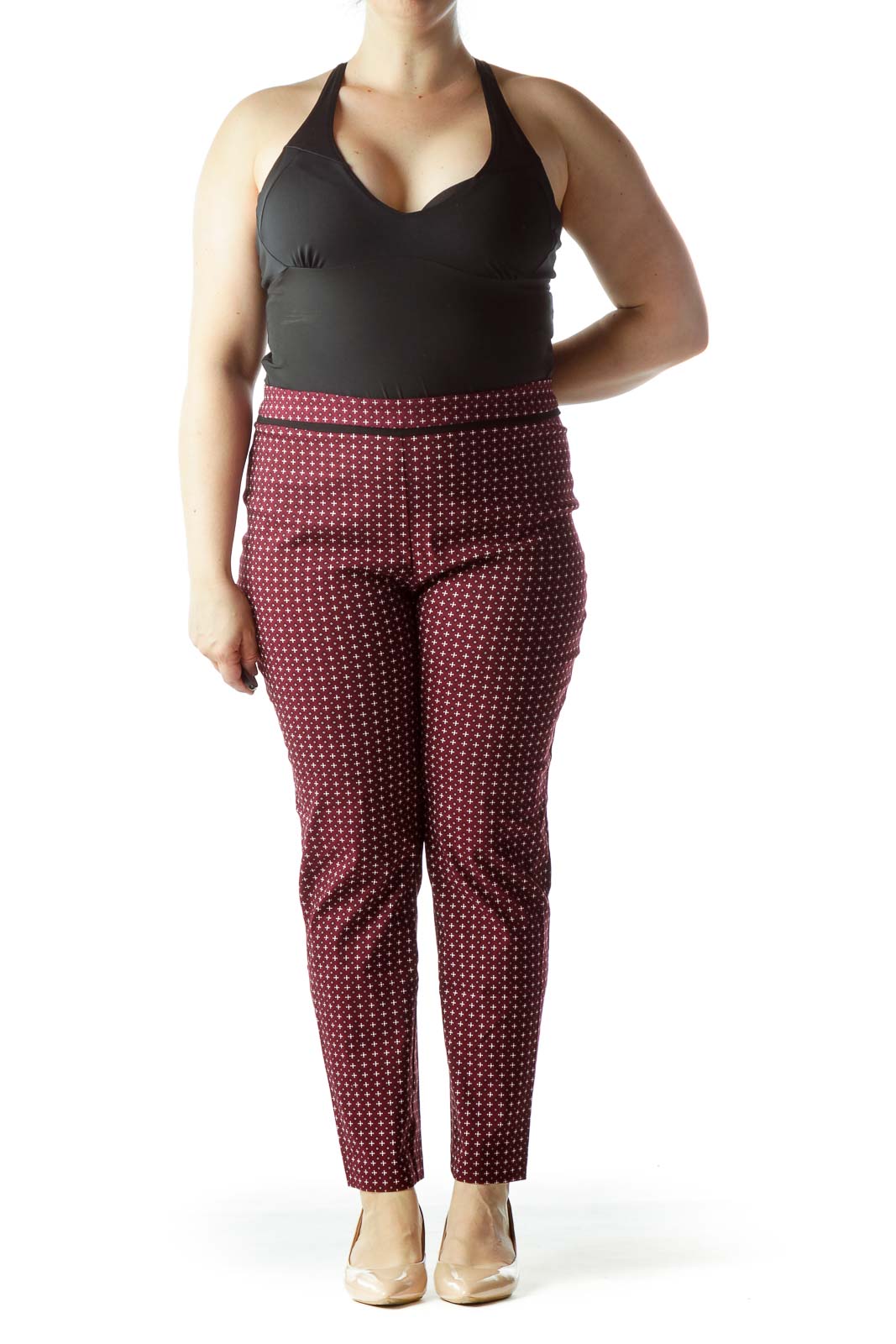 Burgundy Black White Print Stretch Pants