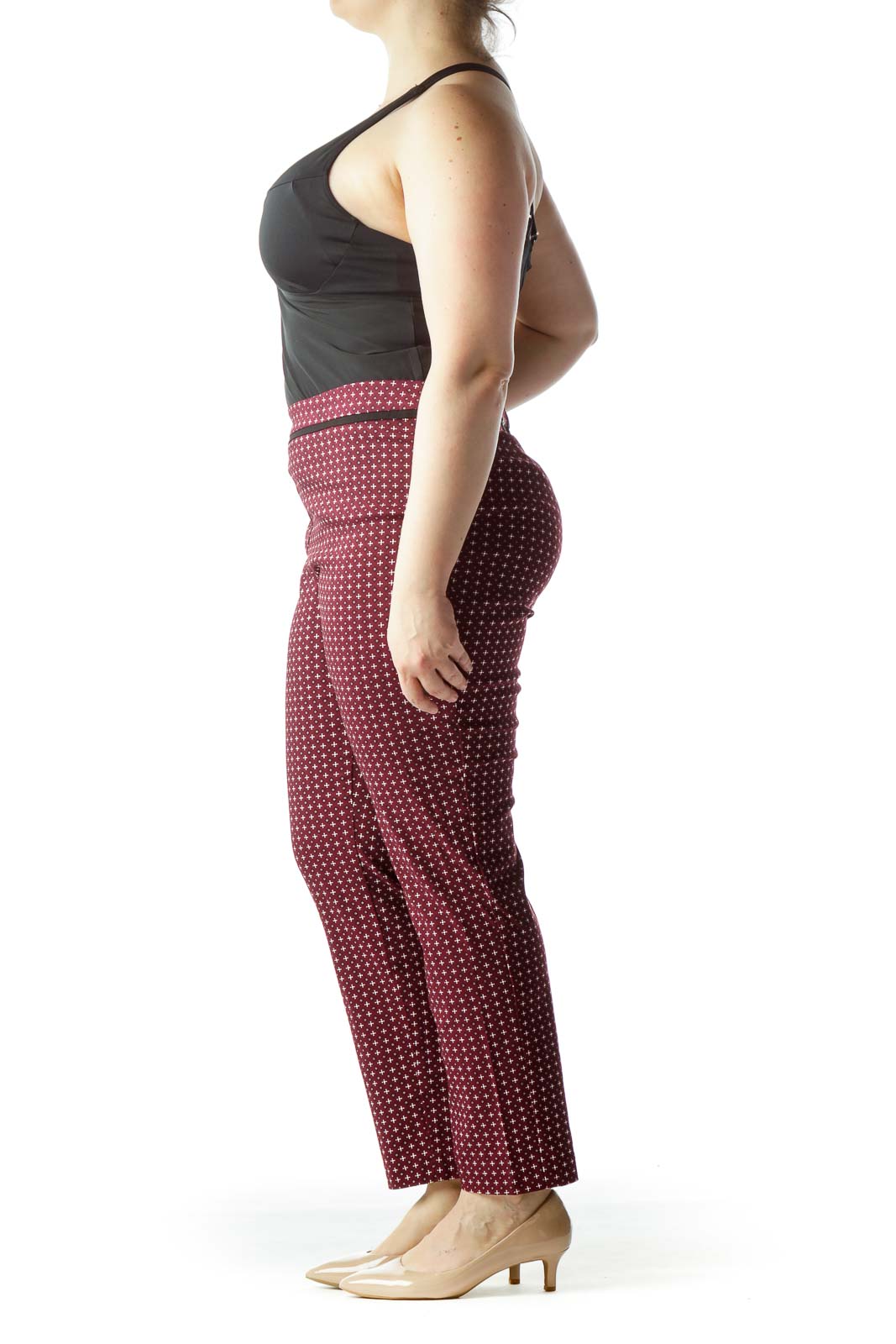 Burgundy Black White Print Stretch Pants