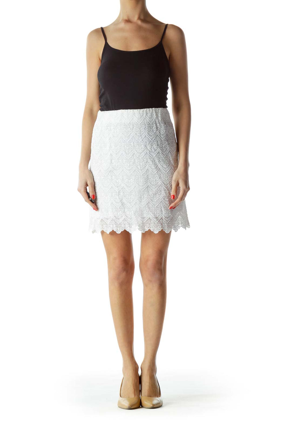 Front view of J.Crew white lace mini skirt with scalloped hem