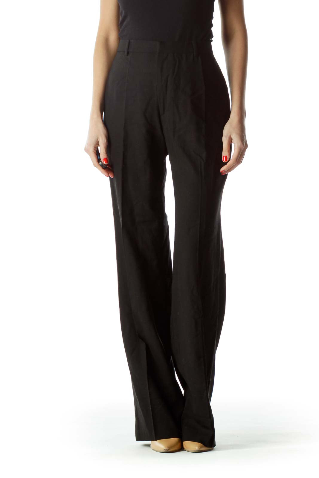 Front view of black wide-leg dress pants from Banana Republic