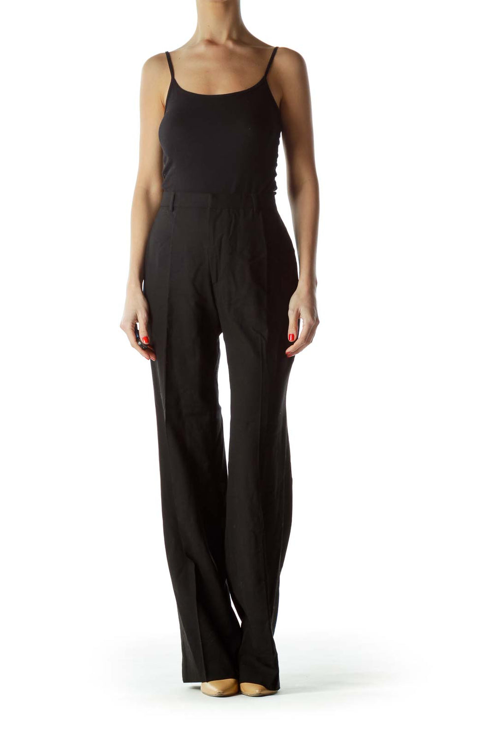 Front view of black wide-leg dress pants from Banana Republic