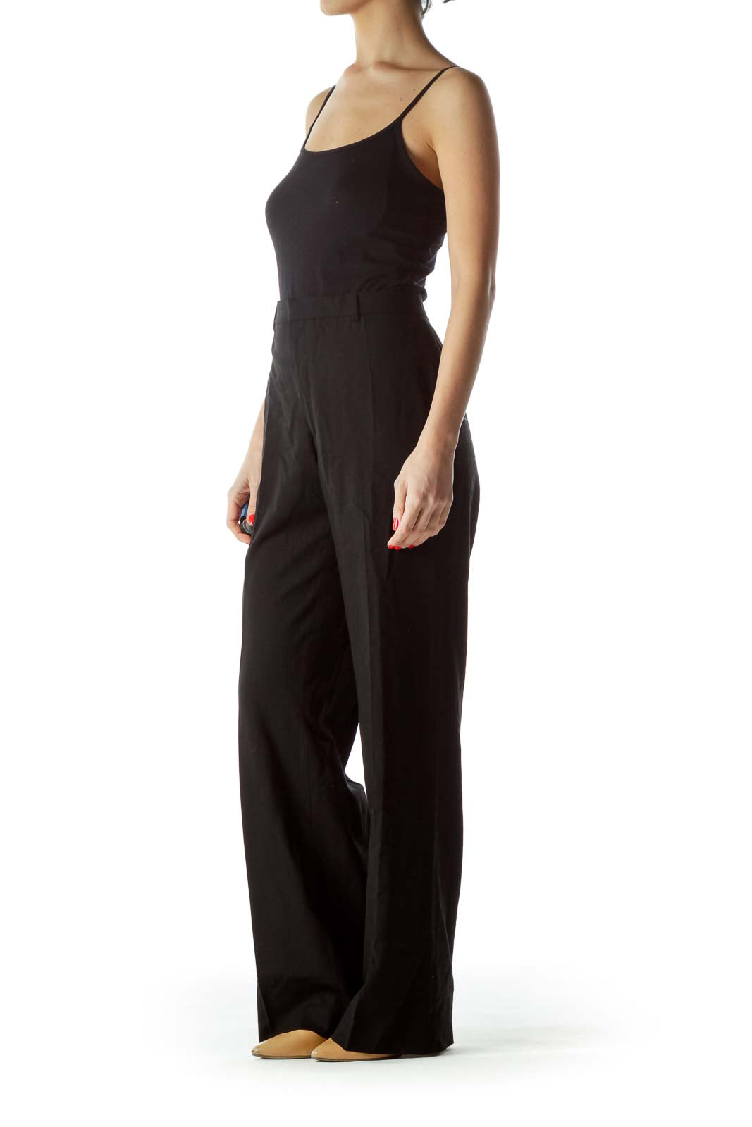 Front view of black wide-leg dress pants from Banana Republic