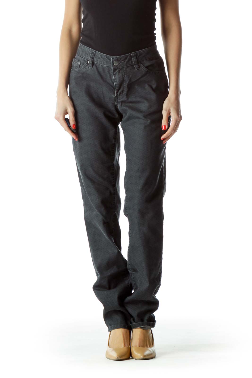 Front view of prAna gray straight-leg casual pants on model