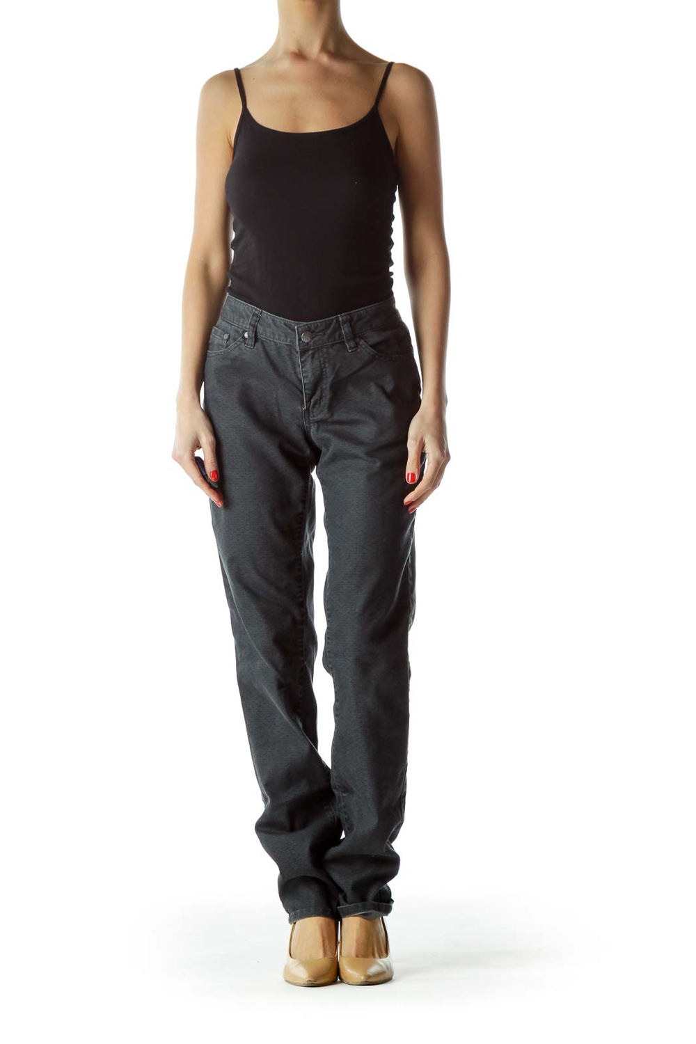 Front view of prAna gray straight-leg casual pants on model