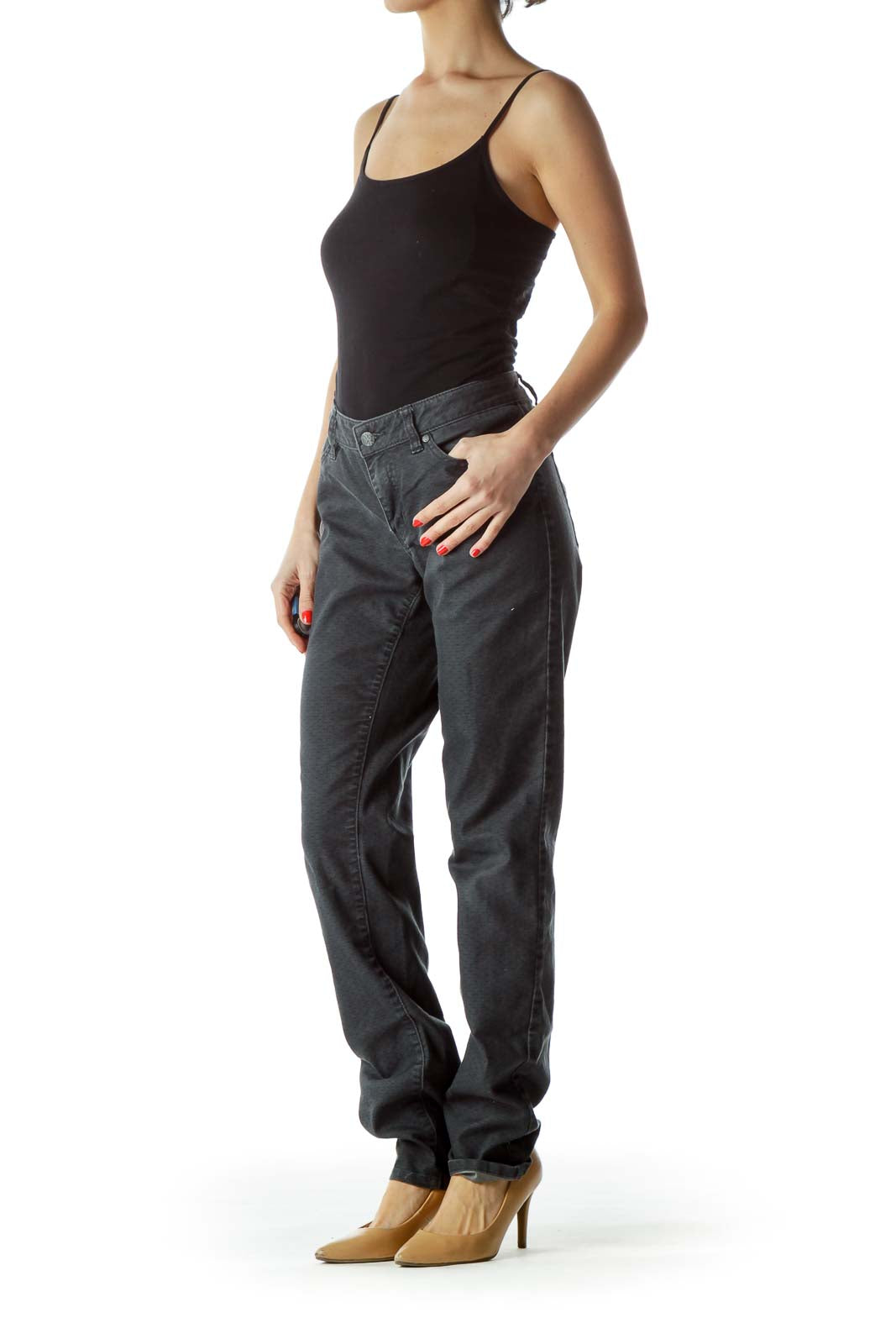 Front view of prAna gray straight-leg casual pants on model