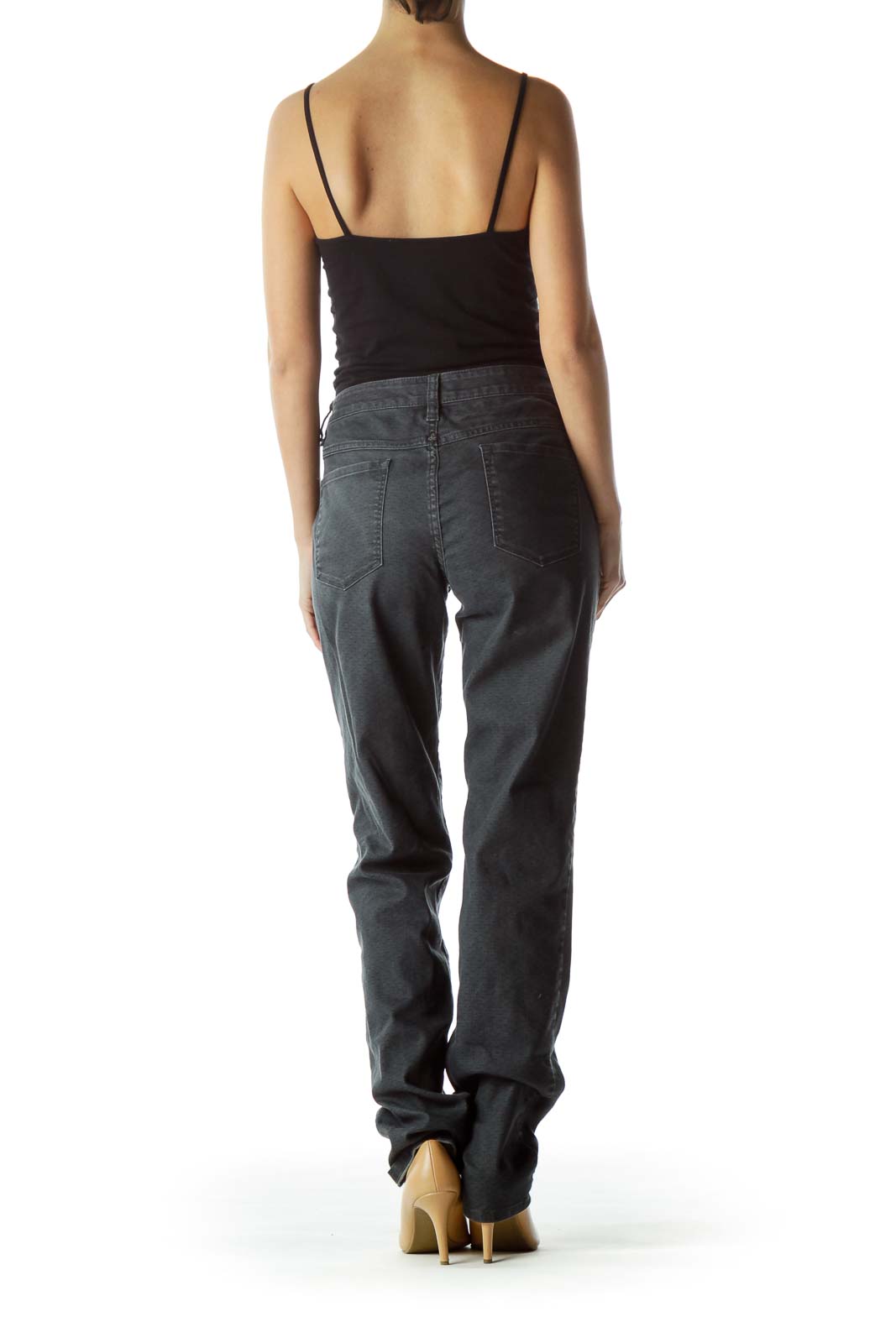 Back view of prAna gray straight-leg casual pants on model