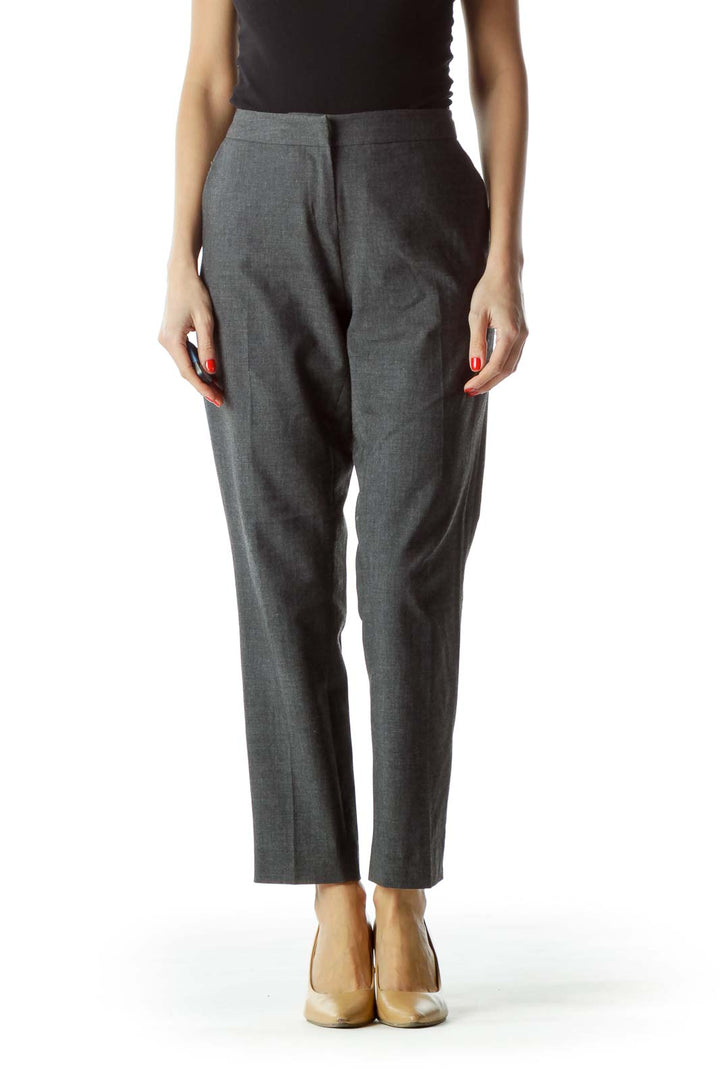 Front view of AMANDA + CHELSEA gray tailored ankle-length trousers