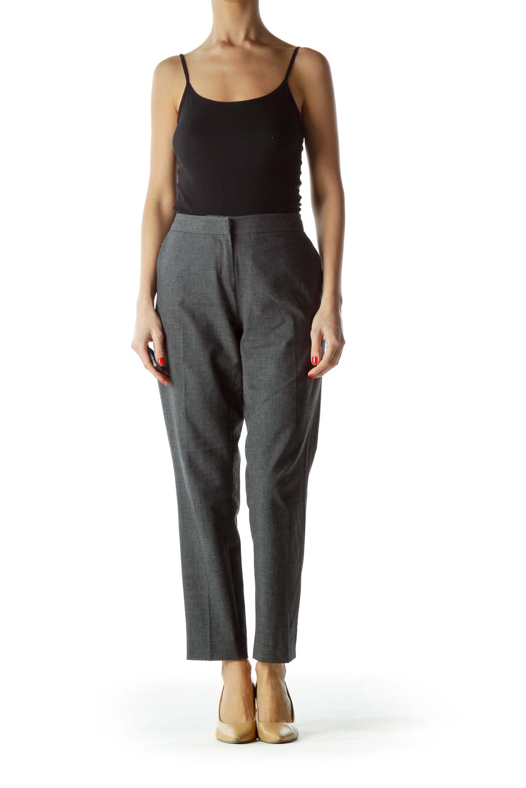 Front view of AMANDA + CHELSEA gray tailored ankle-length trousers