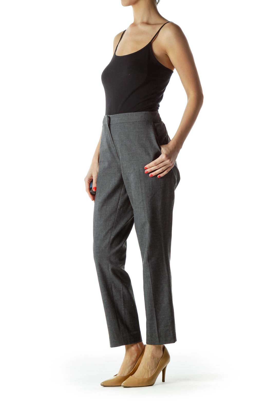 Front view of AMANDA + CHELSEA gray tailored ankle-length trousers