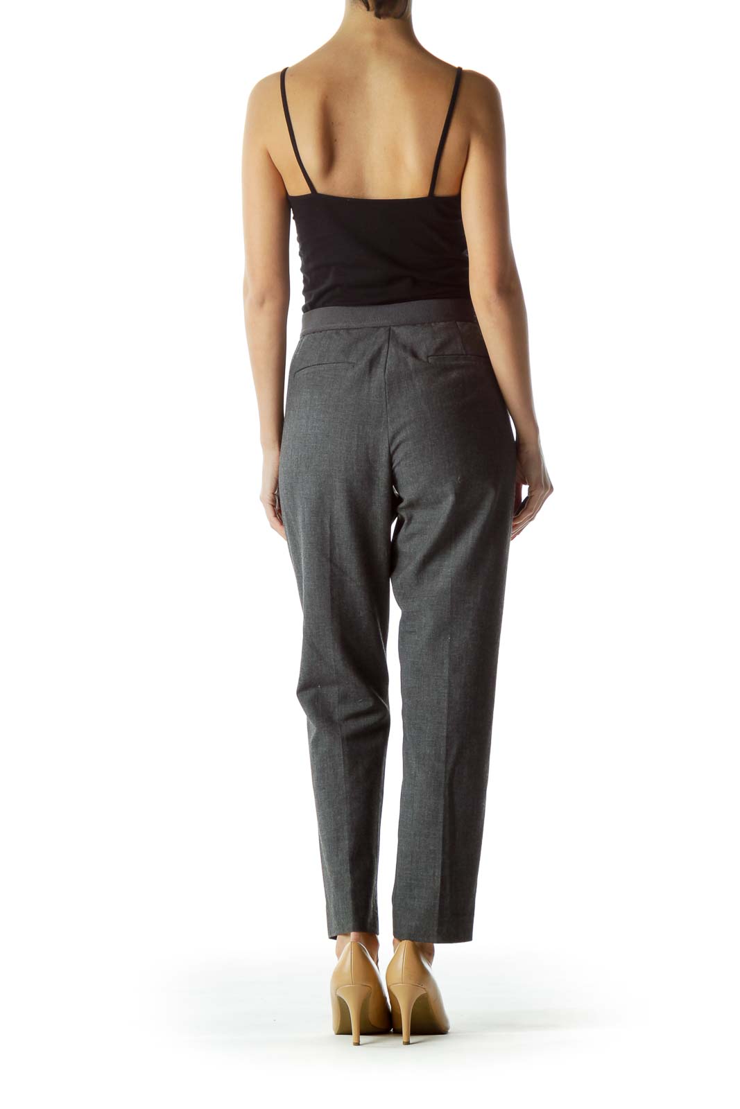 Back view of AMANDA + CHELSEA gray tailored ankle-length trousers on model