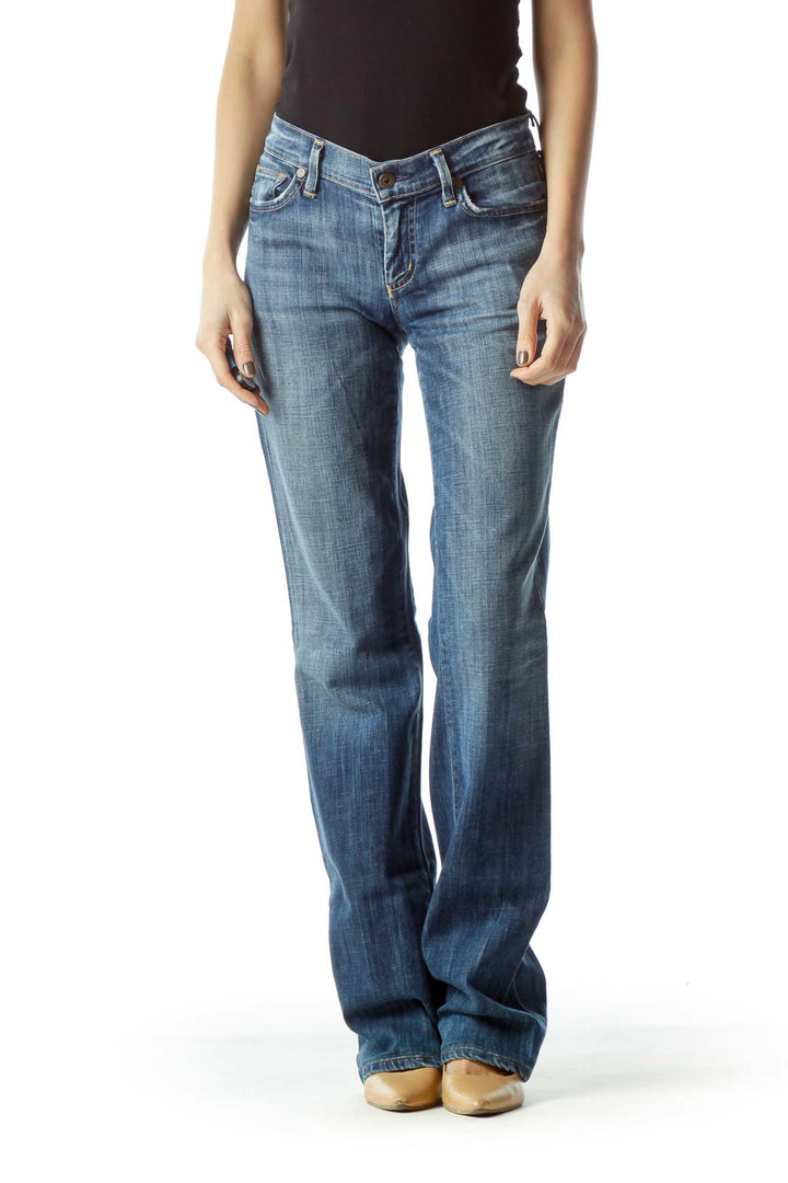 Blue Medium Wash Distressed Pockets Denim Jeans