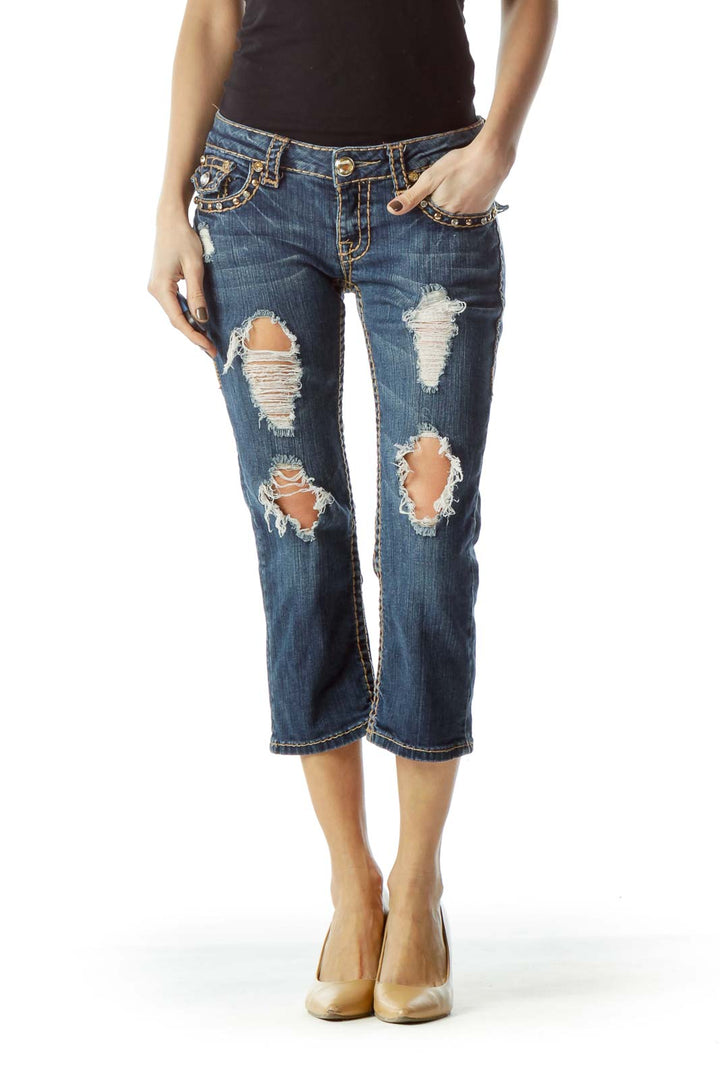 Blue Medium Wash Studded Capri Jeans