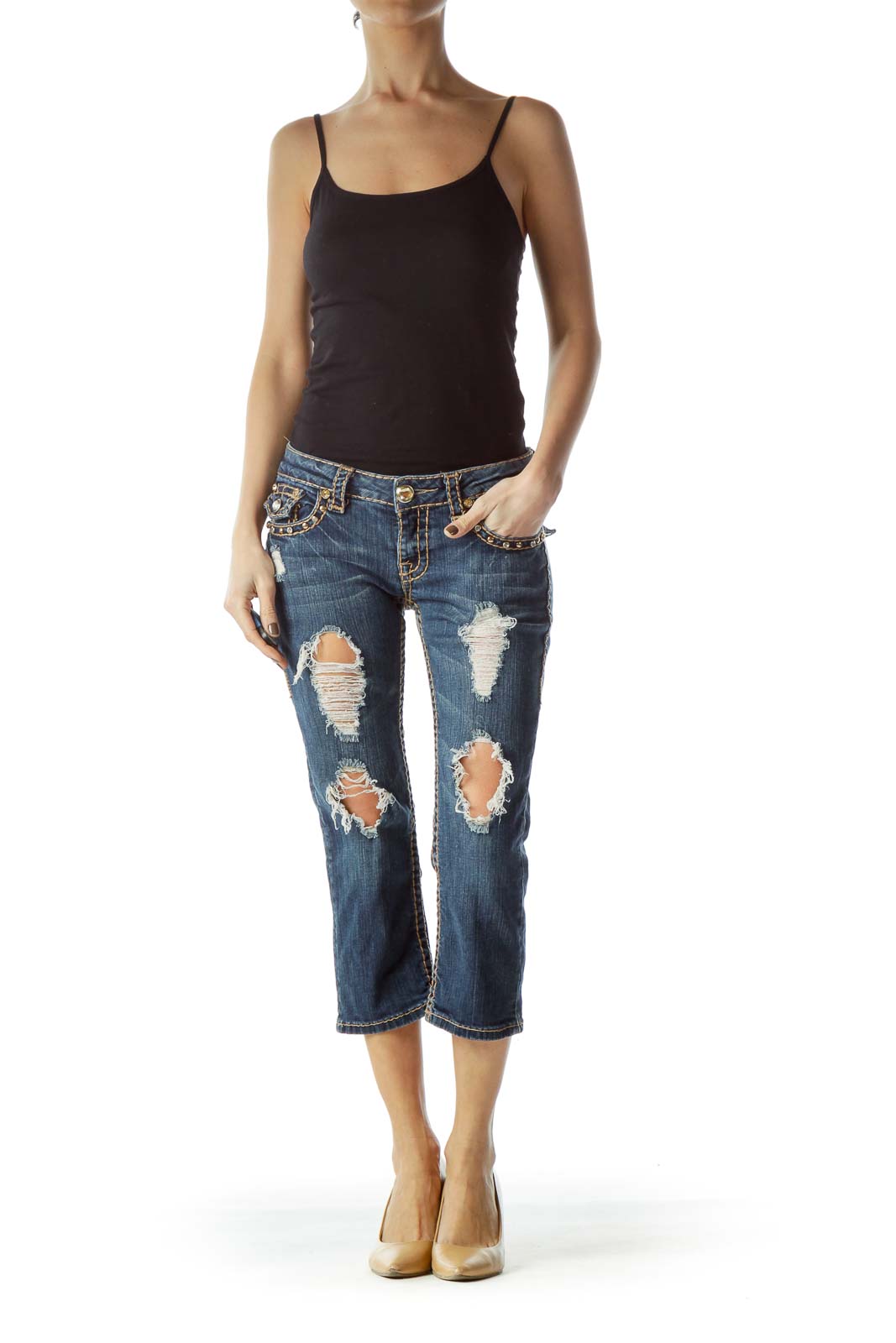 Blue Medium Wash Studded Capri Jeans