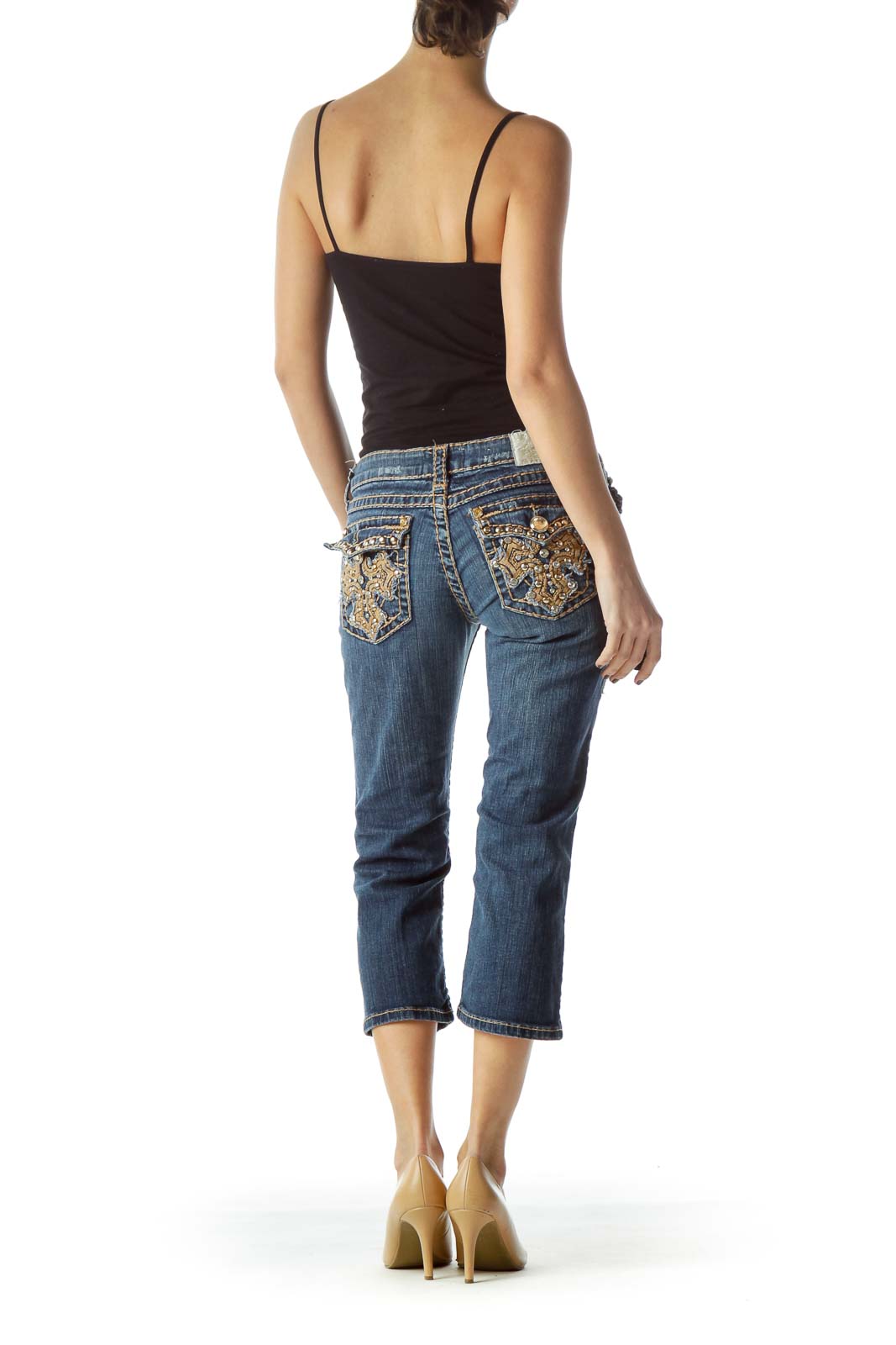 Blue Medium Wash Studded Capri Jeans