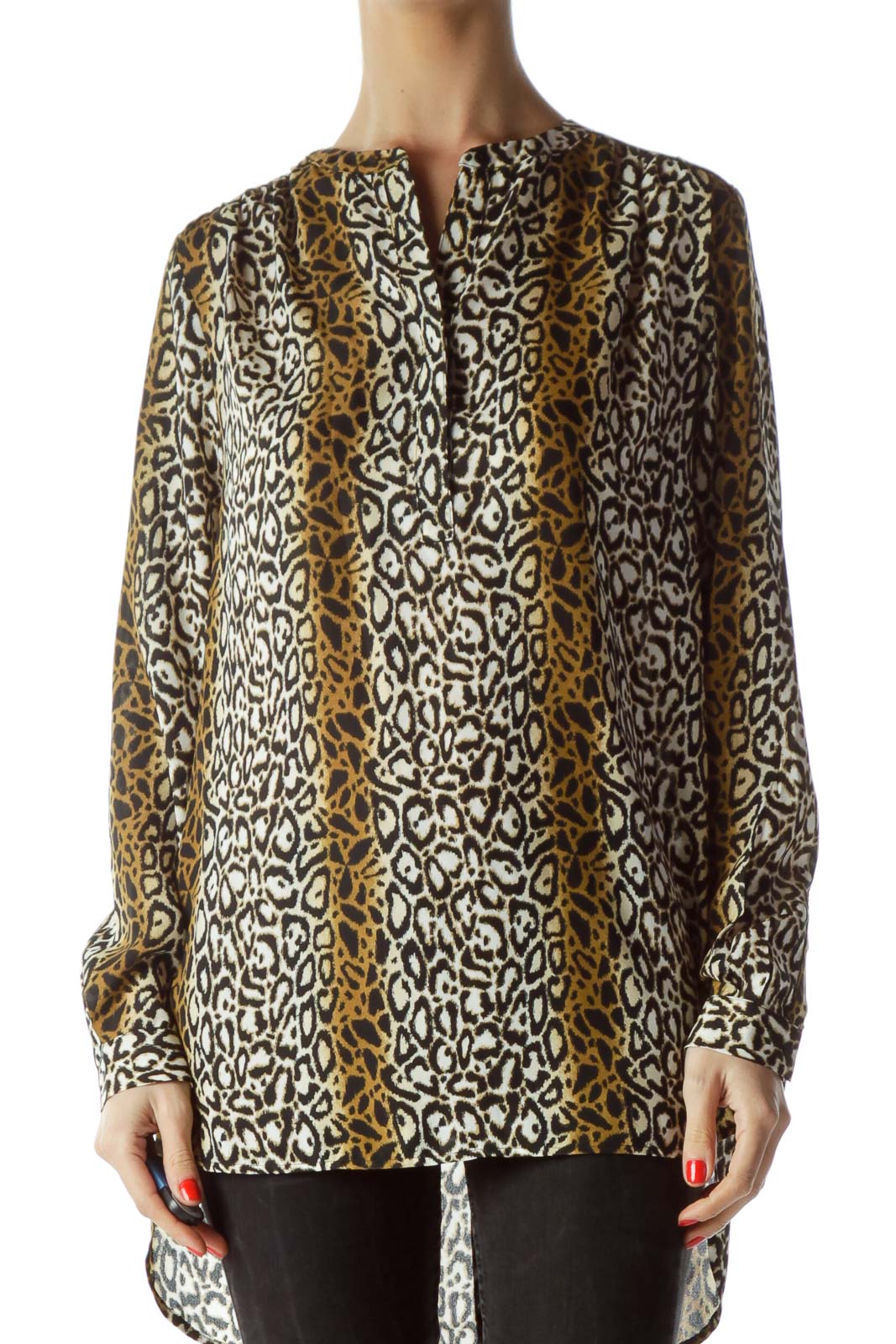 Front view of Violet & Claire Brown & White Leopard Print Tunic Top