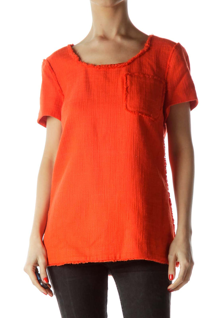 Orange Pocket Short Sleeve Textured Knit Top