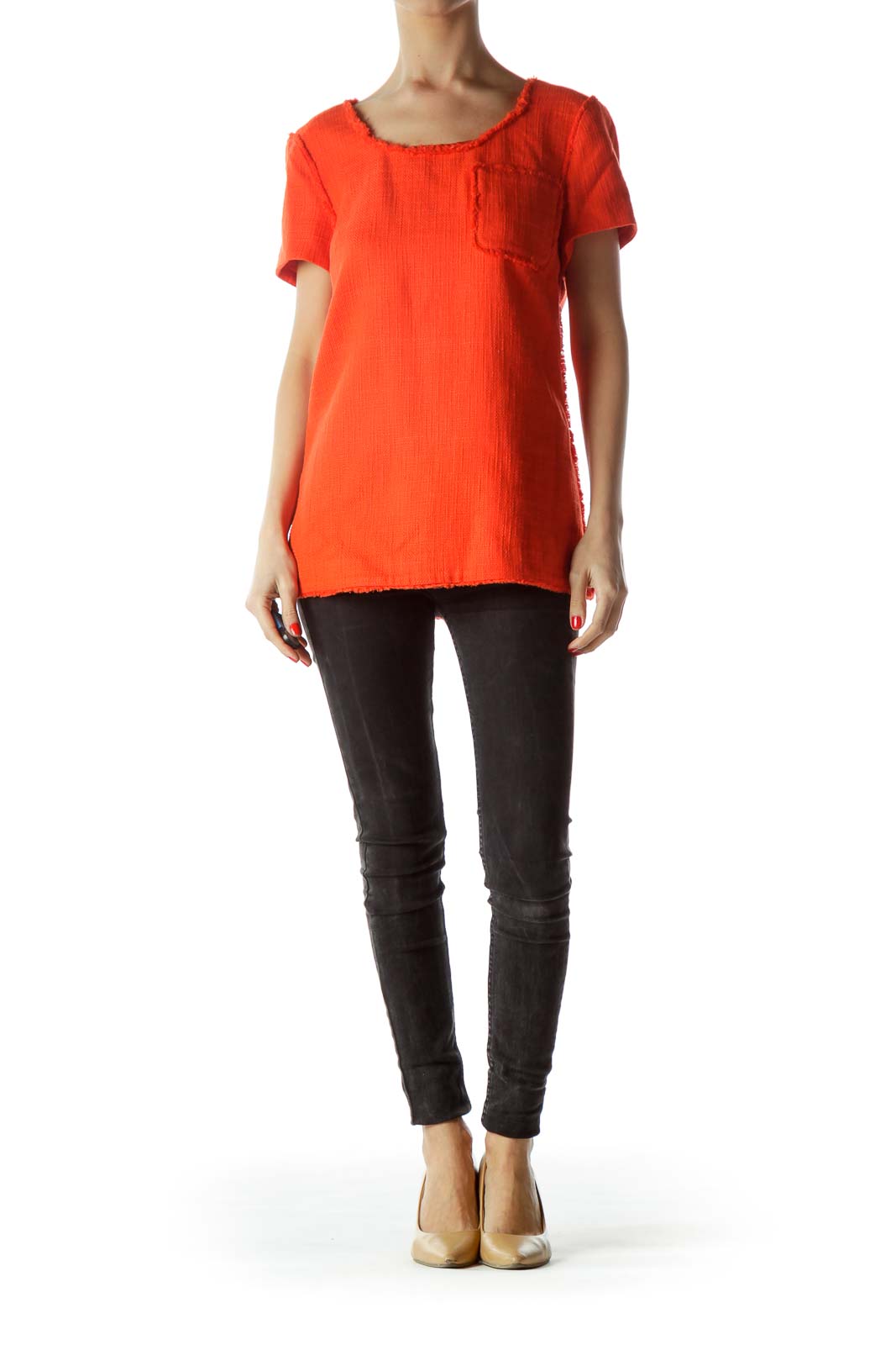 Orange Pocket Short Sleeve Textured Knit Top