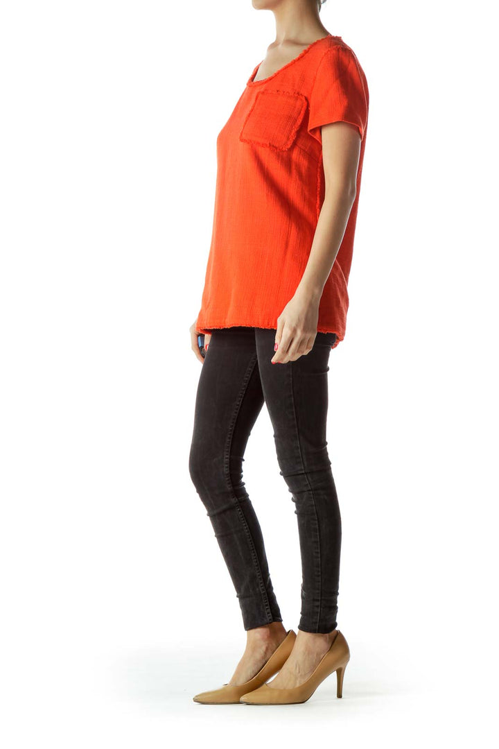 Orange Pocket Short Sleeve Textured Knit Top