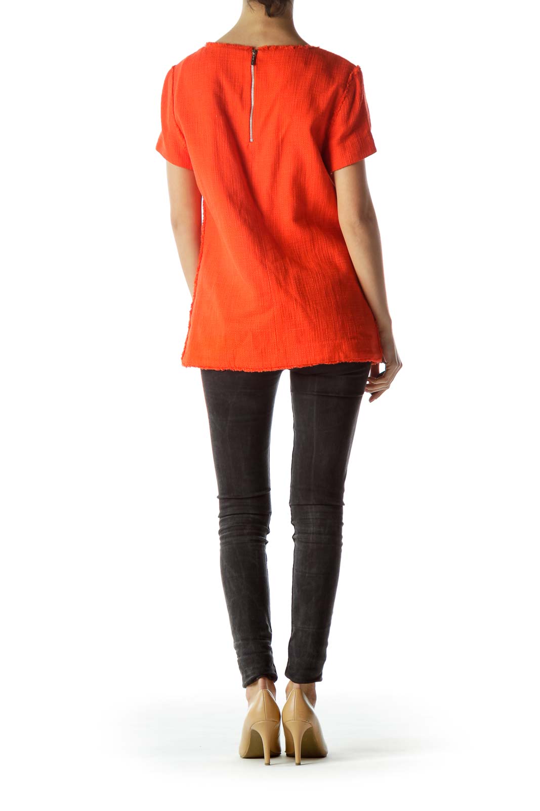 Orange Pocket Short Sleeve Textured Knit Top