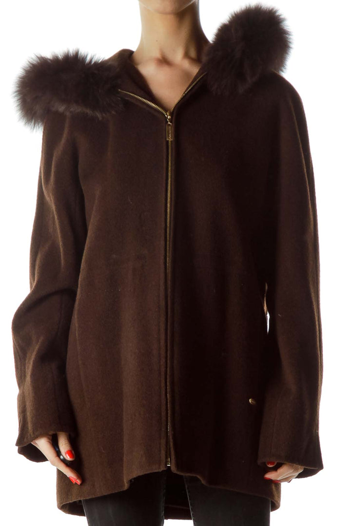 Brown Fur Hood Textured Zippered-Up Coat