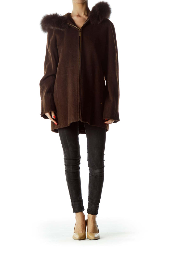 Brown Fur Hood Textured Zippered-Up Coat