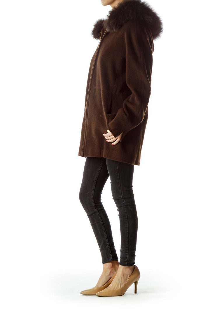 Brown Fur Hood Textured Zippered-Up Coat