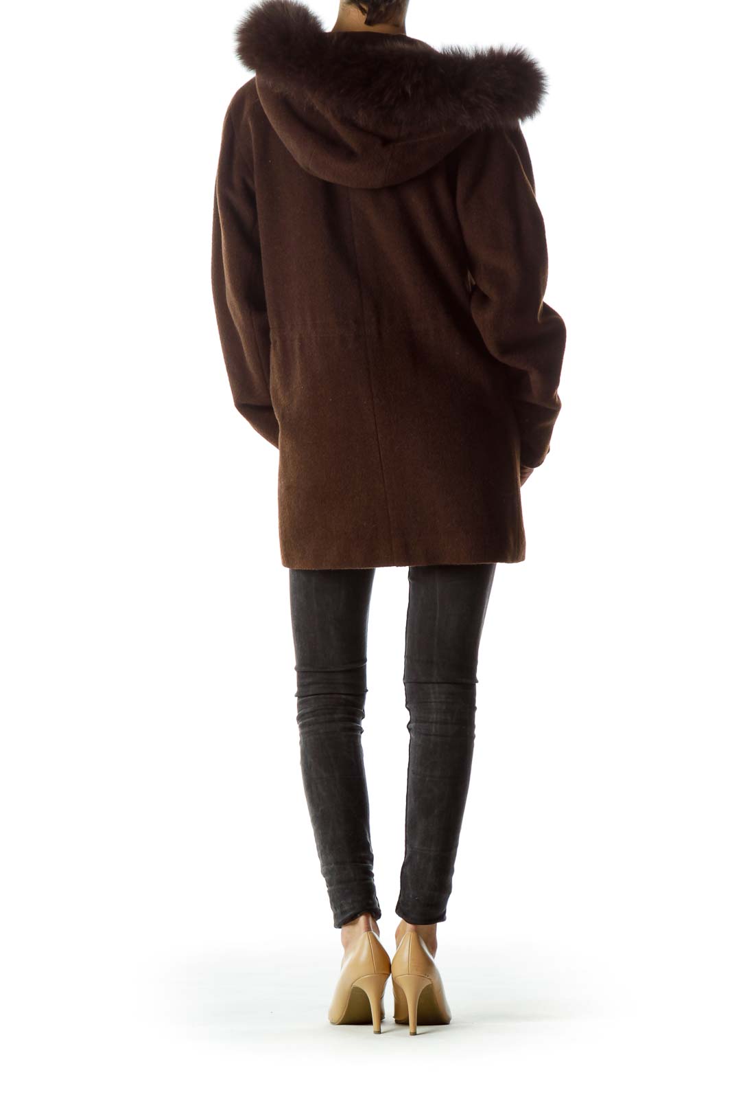 Brown Fur Hood Textured Zippered-Up Coat