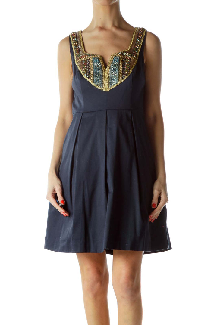 Navy Embellished Flare Dress