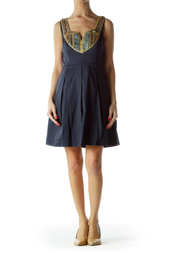 Navy Embellished Flare Dress