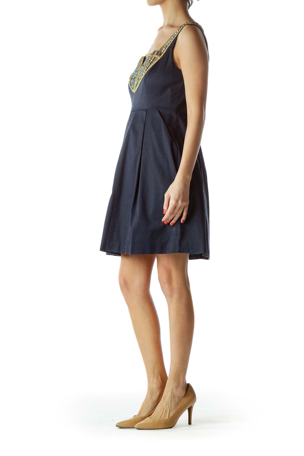 Navy Embellished Flare Dress