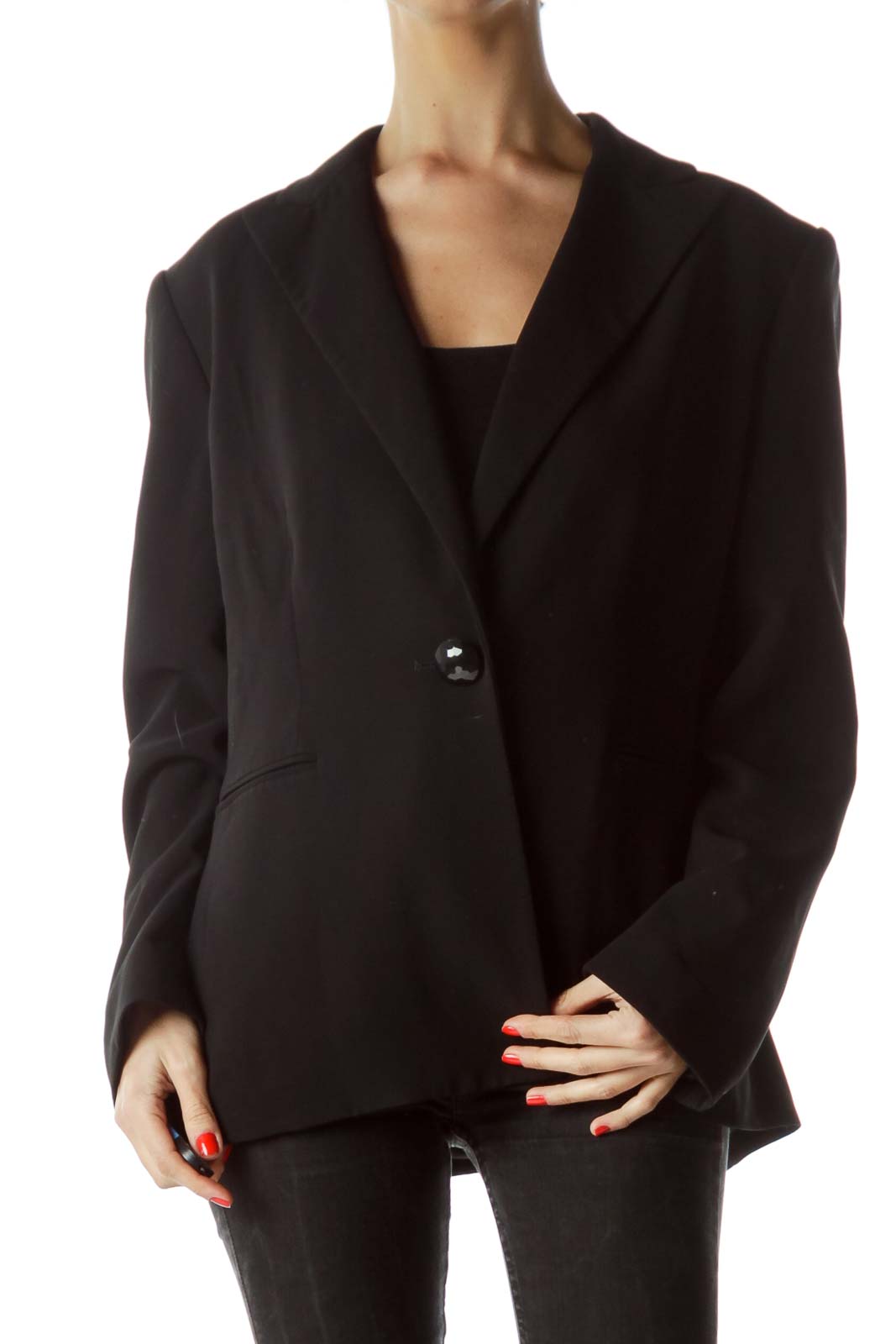 Front view of Kasper black single-button blazer on mannequin