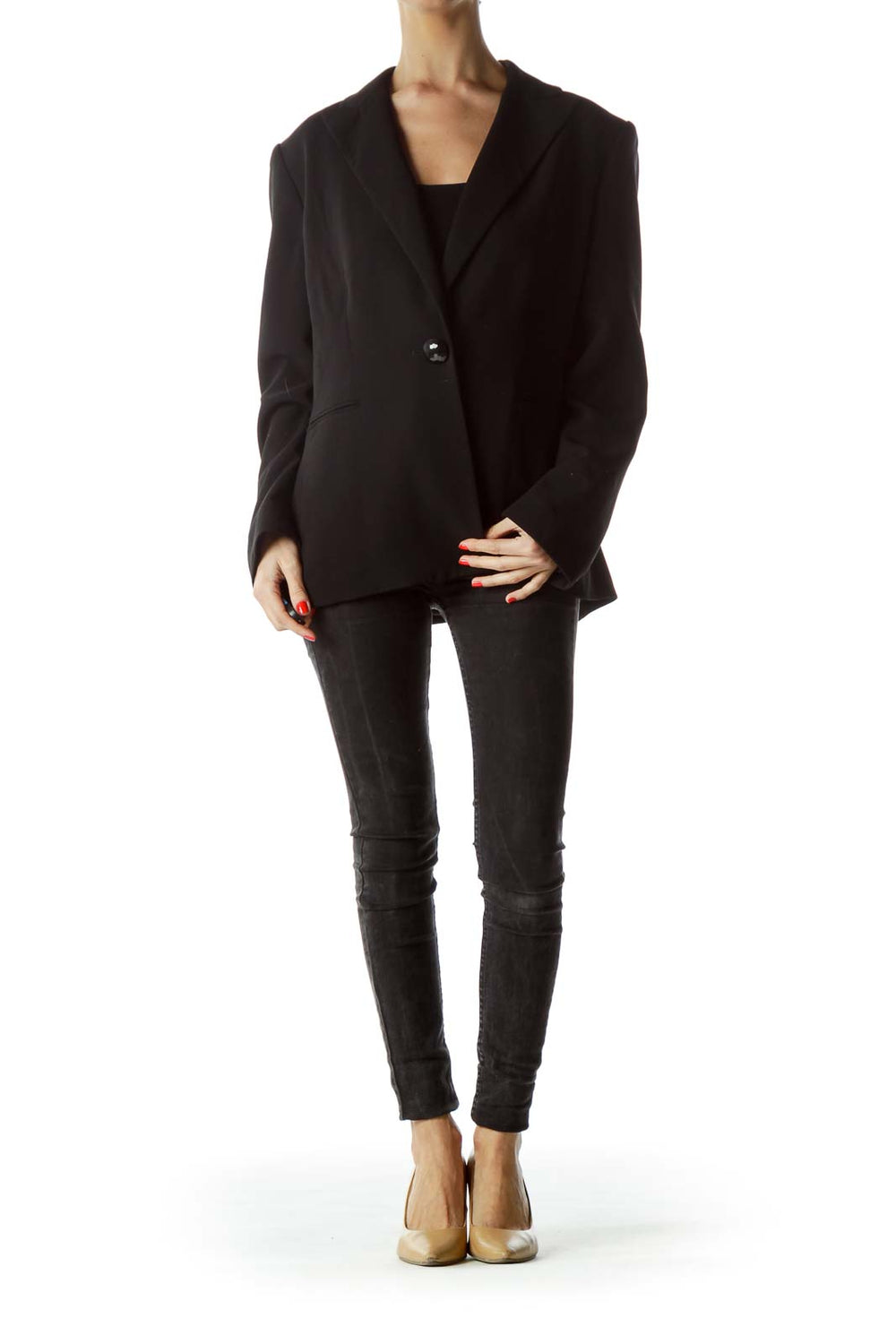 Front view of Kasper black single-button blazer on mannequin