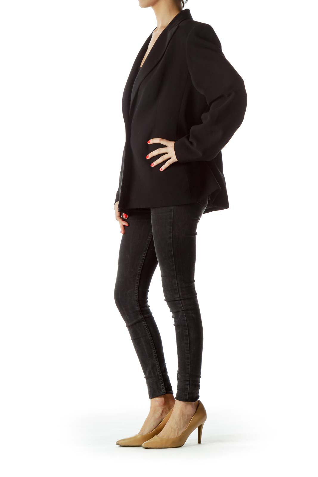 Front view of Kasper black single-button blazer on mannequin