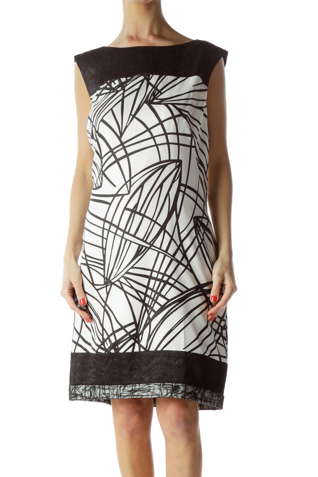 Front view of Ann Taylor black and white geometric print shift dress