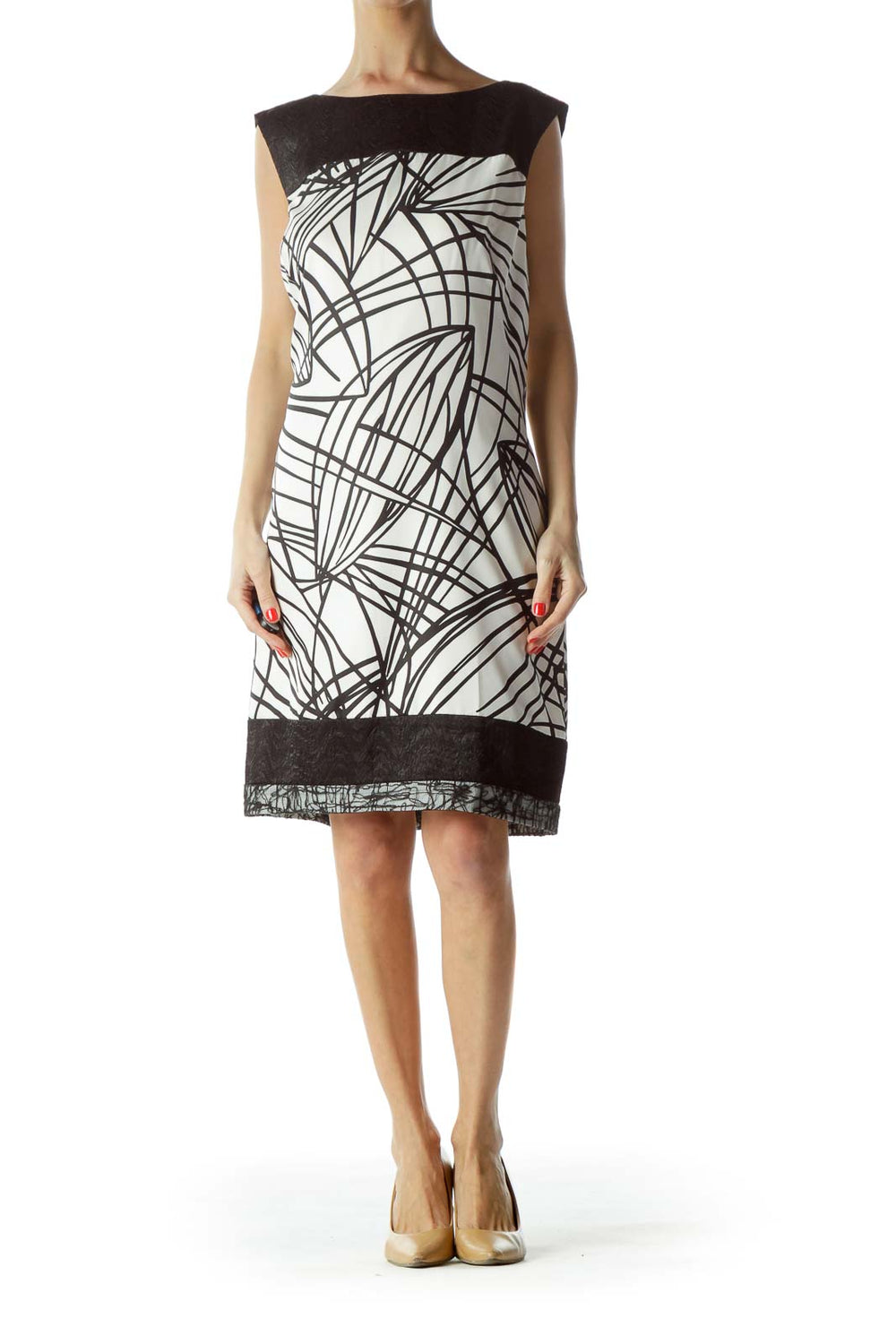 Front view of Ann Taylor black and white geometric print shift dress