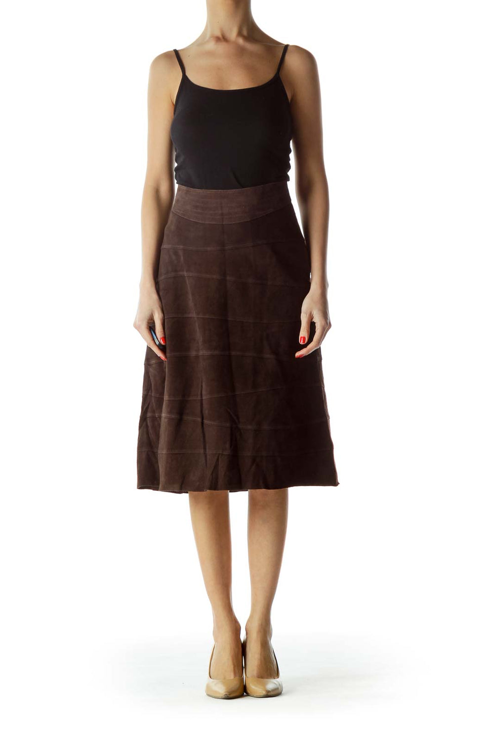 Front view of D.E.S. Studio brown suede A-line midi skirt