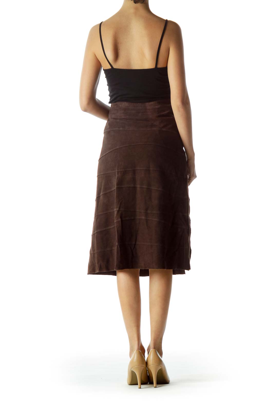 Back view of D.E.S. Studio brown suede A-line midi skirt