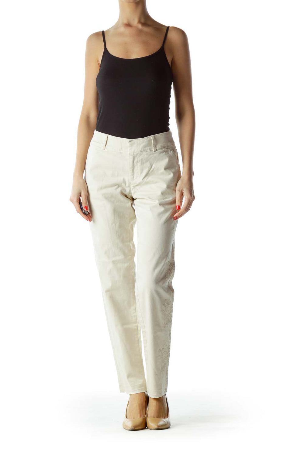 Front view of LOFT white straight-leg trousers on model