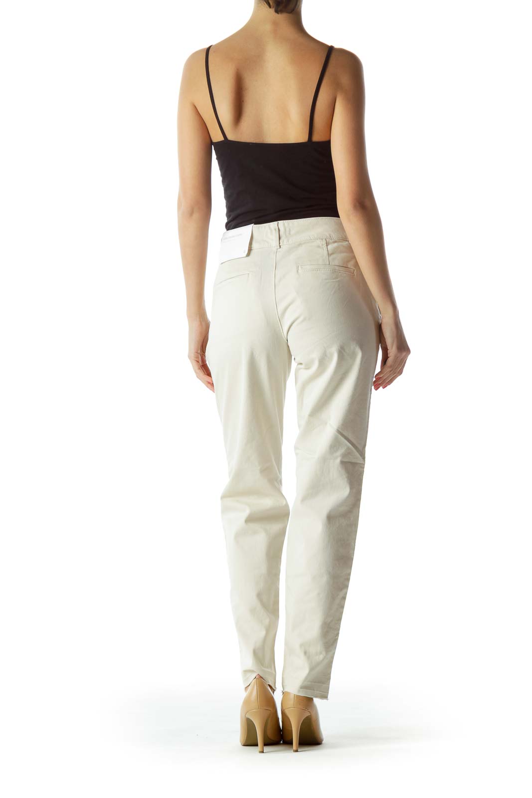 Back view of LOFT white straight-leg trousers on model