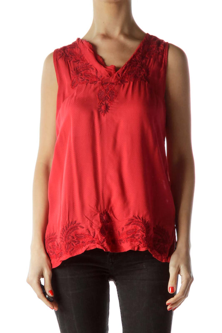 Red Embroidered V-Neckline Sleeveless Top