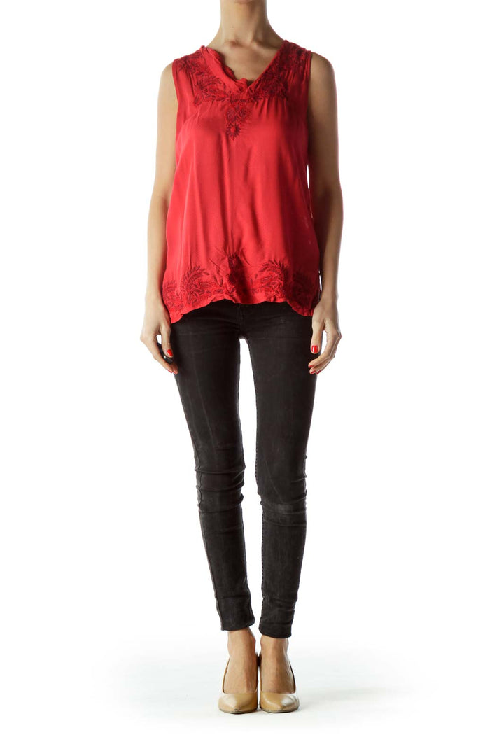 Red Embroidered V-Neckline Sleeveless Top