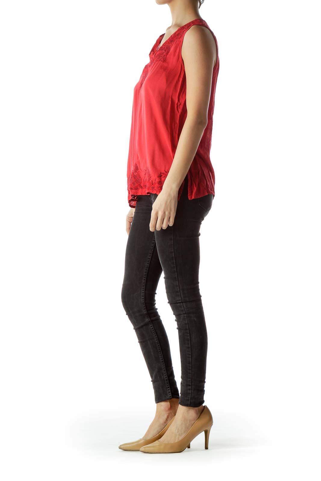 Red Embroidered V-Neckline Sleeveless Top