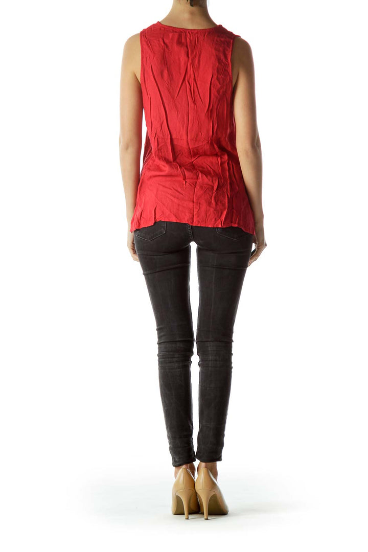 Red Embroidered V-Neckline Sleeveless Top