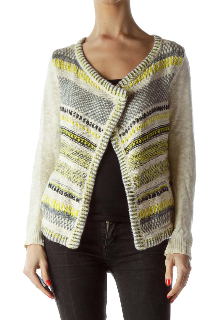 Cream Gray Yellow Black Metallic Thread Open Sweater