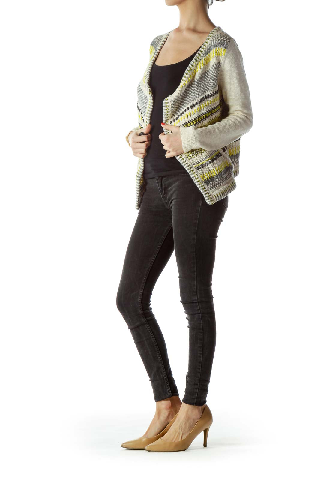 Cream Gray Yellow Black Metallic Thread Open Sweater